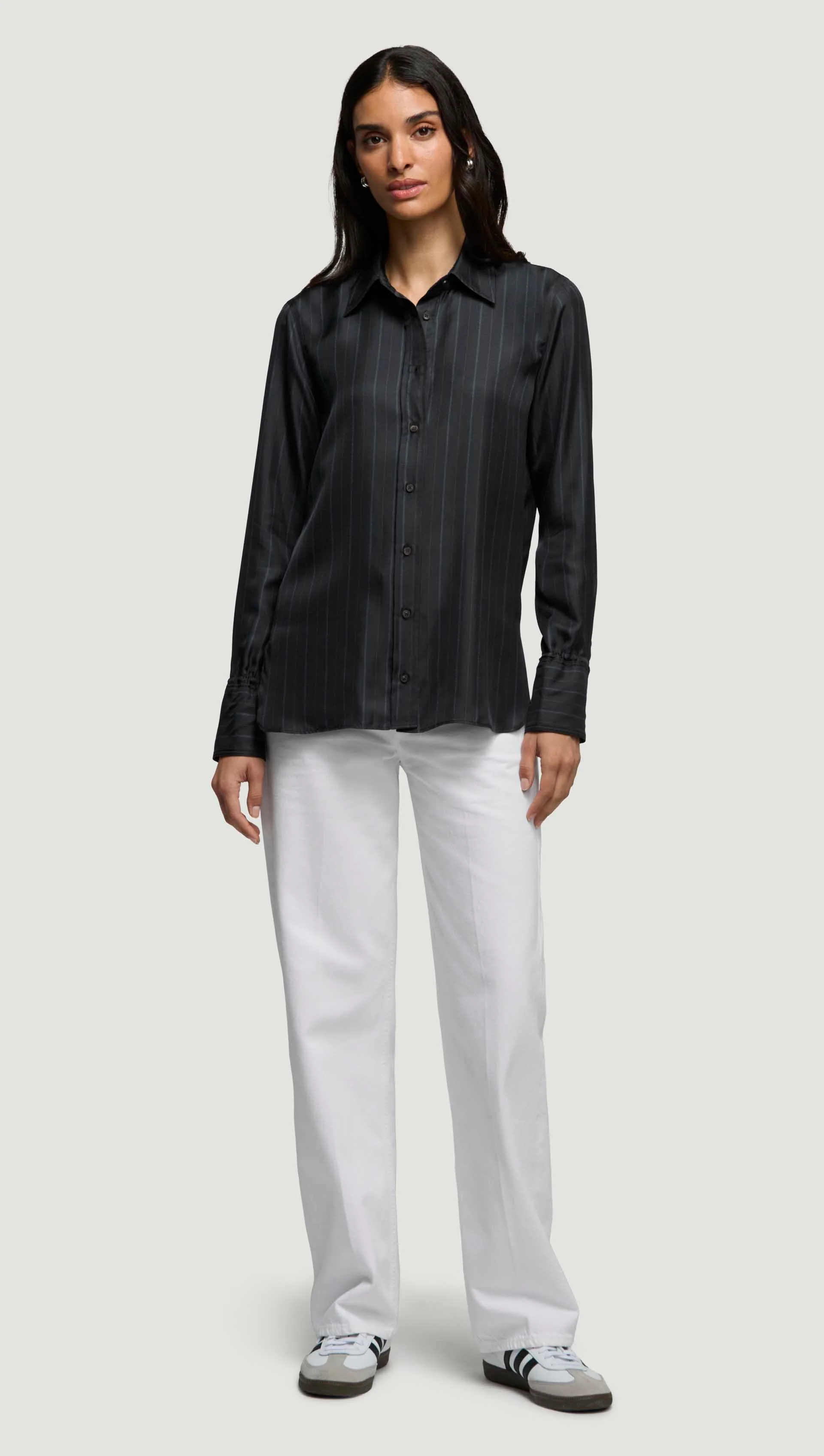 Slim Blouse in Silk Twill | Midnight Stripe - Image 3