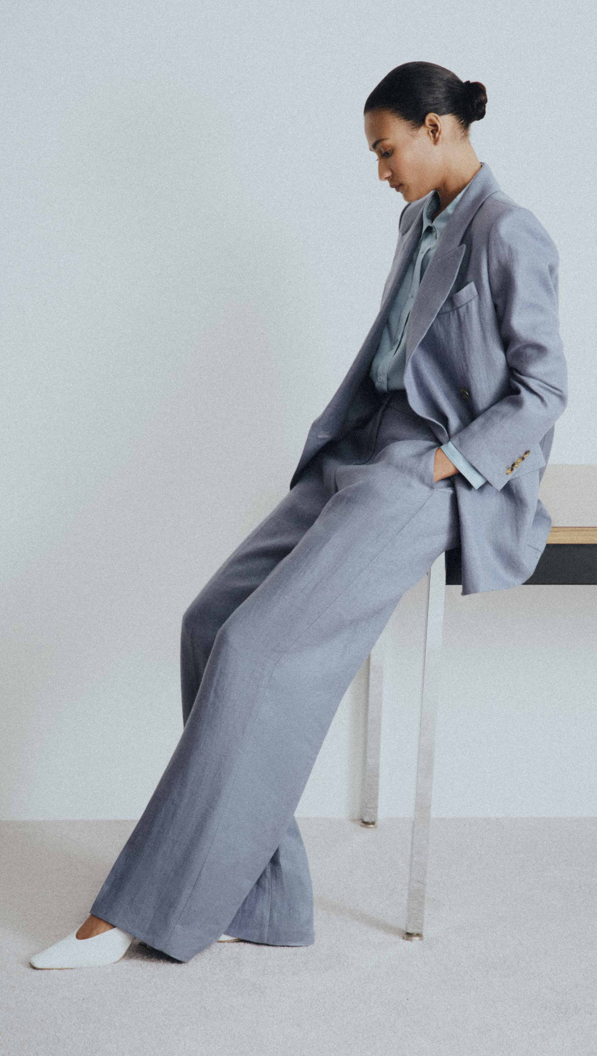 Soho Trouser in Basket Weave Linen | Blue Grey - Image 8