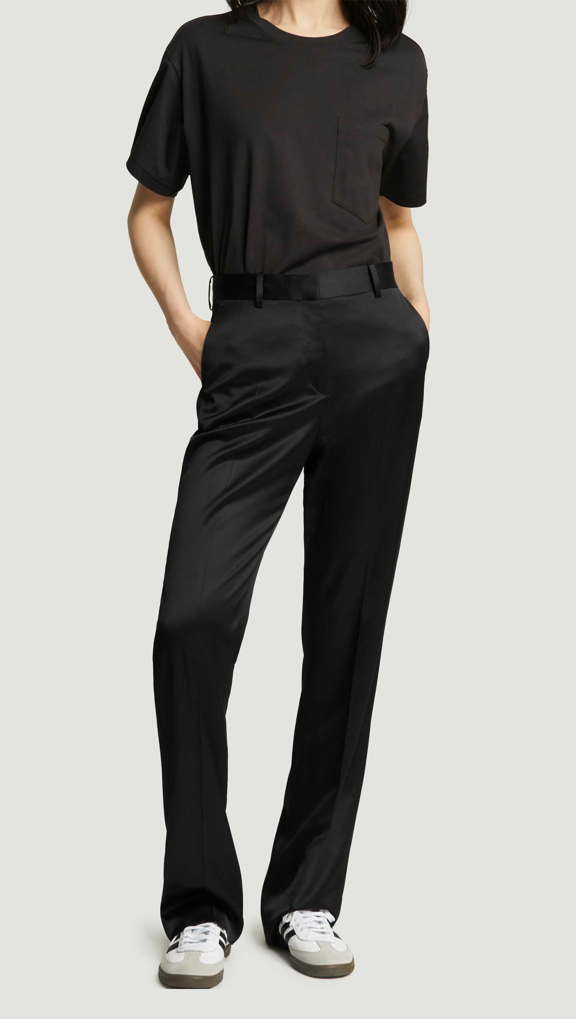 Straight Leg Trouser in Satin Viscose Wool | Black - Image 2