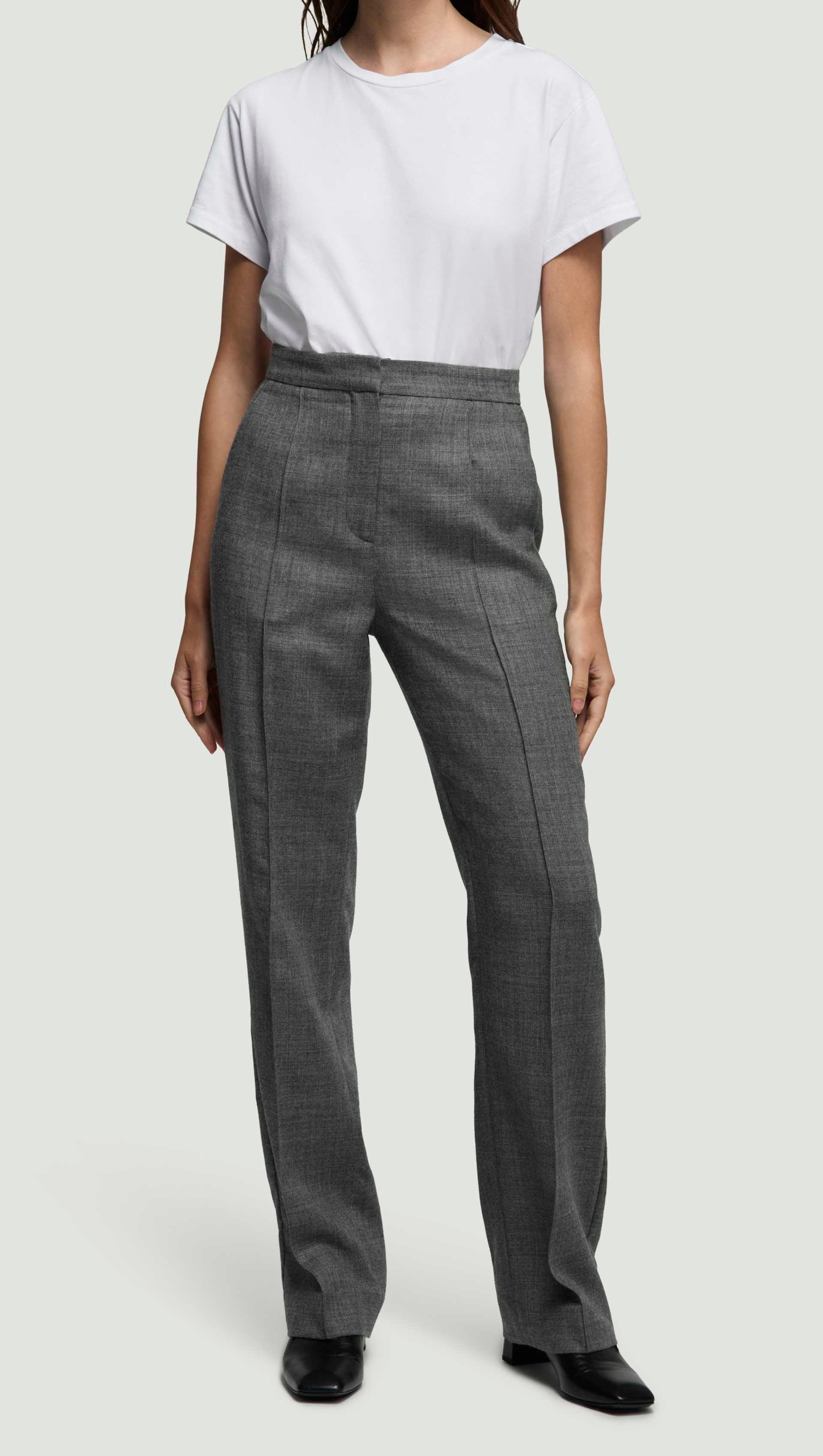 Straight Pintuck Trouser in Textured Wool Twill | Grey Melange - Image 2