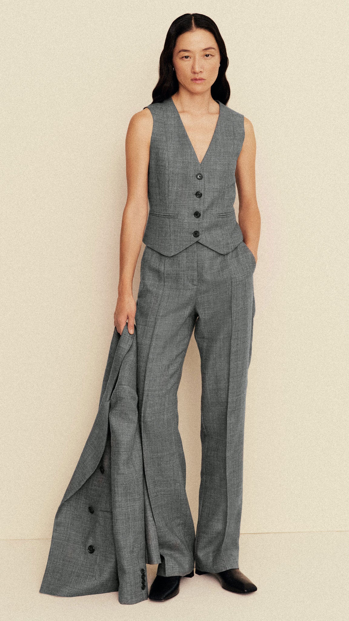Straight Pintuck Trouser in Textured Wool Twill | Grey Melange - Image 6