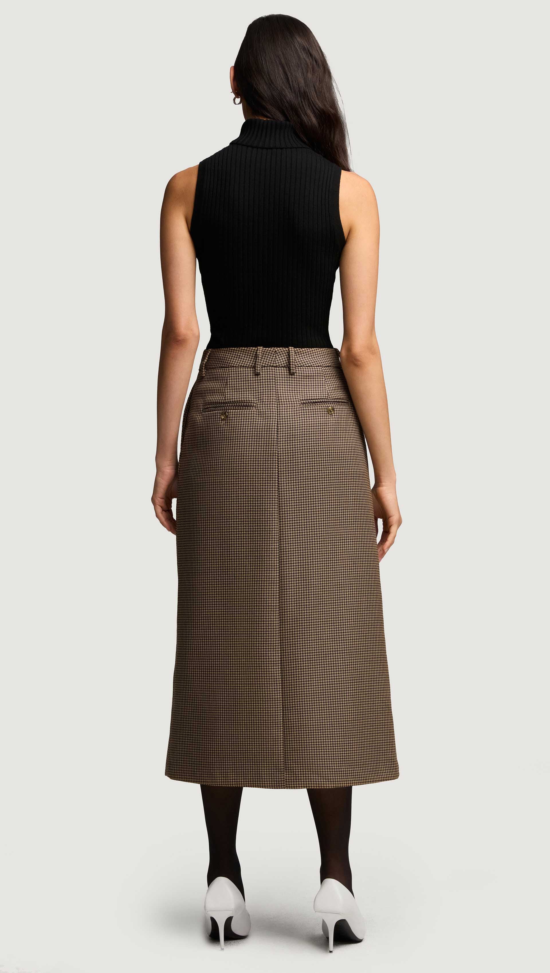 Tailored Skirt in Wool | Brown Houndstooth - Image 3