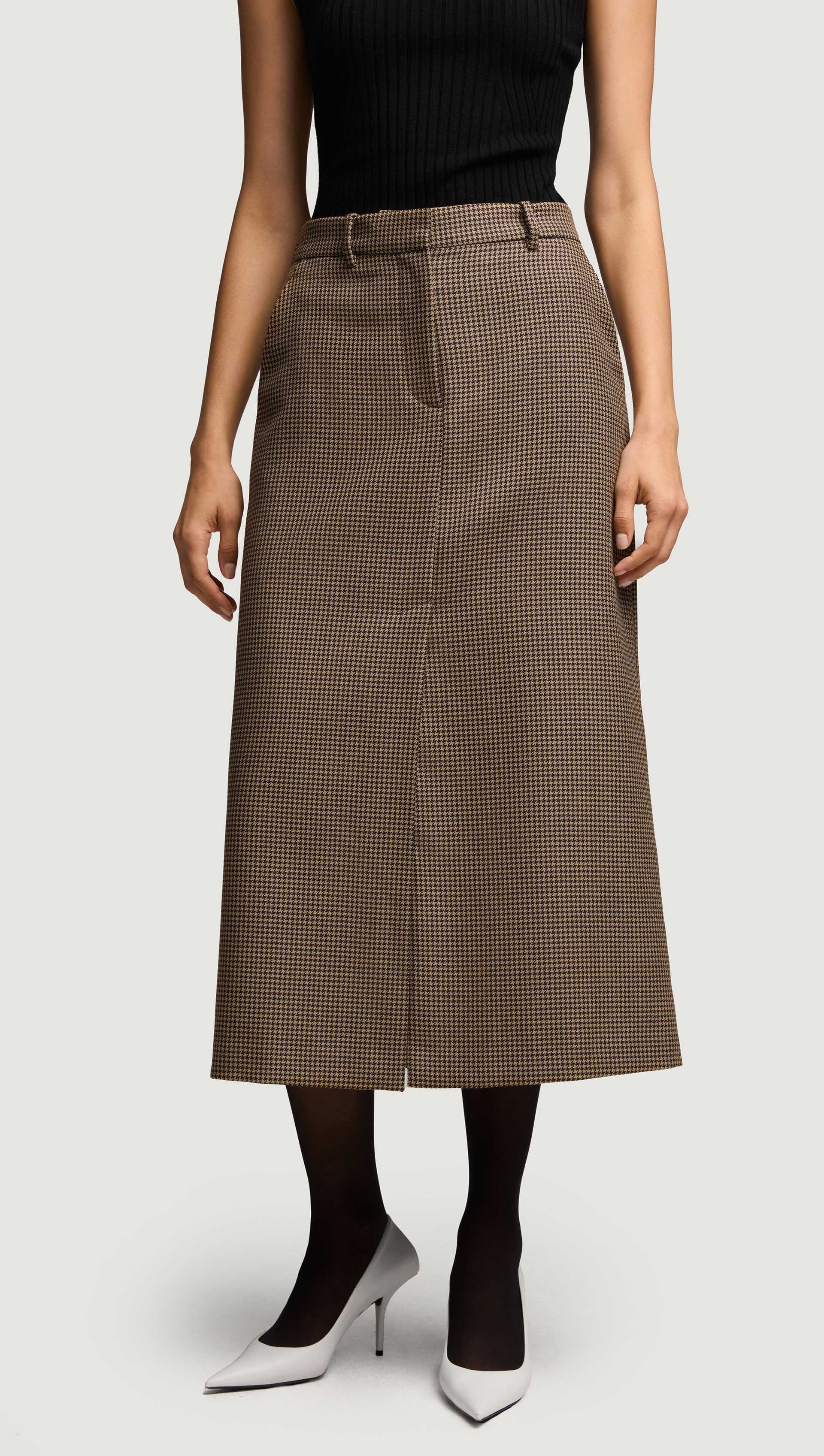 Tailored Skirt in Wool | Brown Houndstooth - Image 5