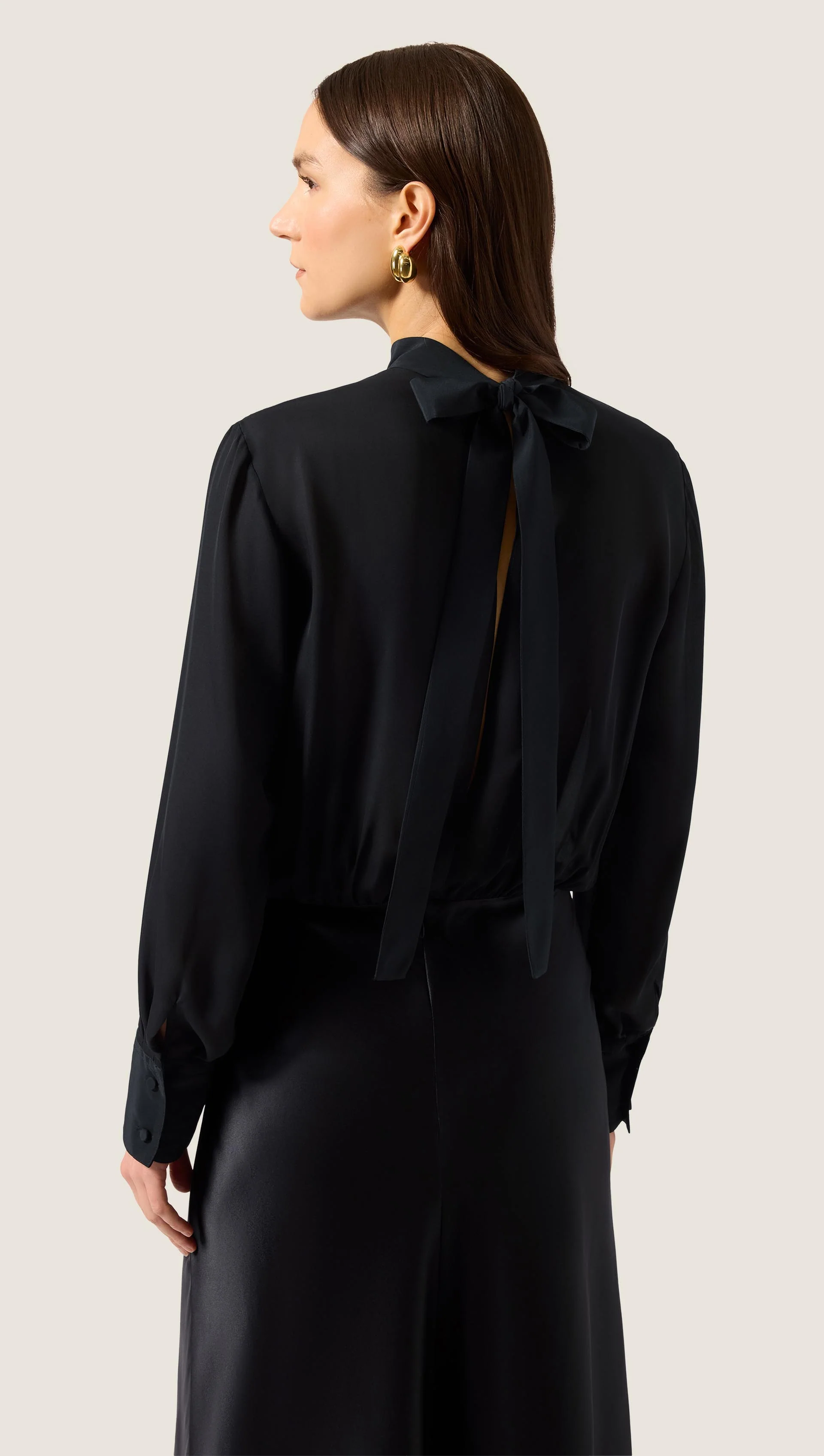 Tie Back Dress in Double Georgette & Silk Charmeuse | Black - Image 6